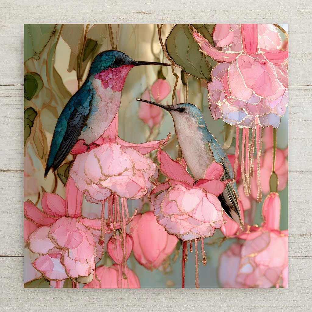 Alcohol ink style ceramic art tile of two hummingbirds among hanging pink fuchsia blossoms edged in gold veining, one bird with a rose pink throat, sage green leaves behind.