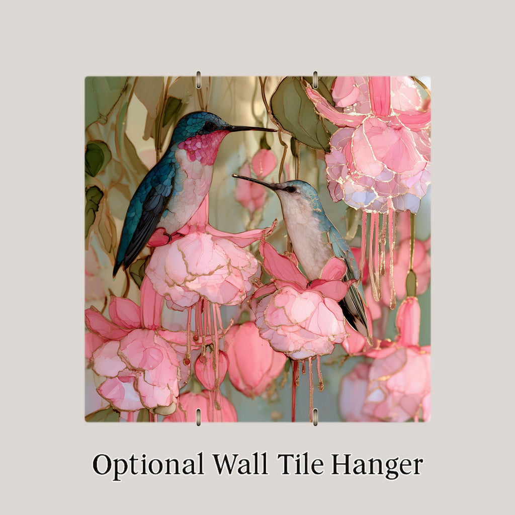 Hummingbird Pair Alcohol Ink Style Ceramic Art Tile – Fuchsia Garden in Pink and Gold Wall Decor, Bird Lover