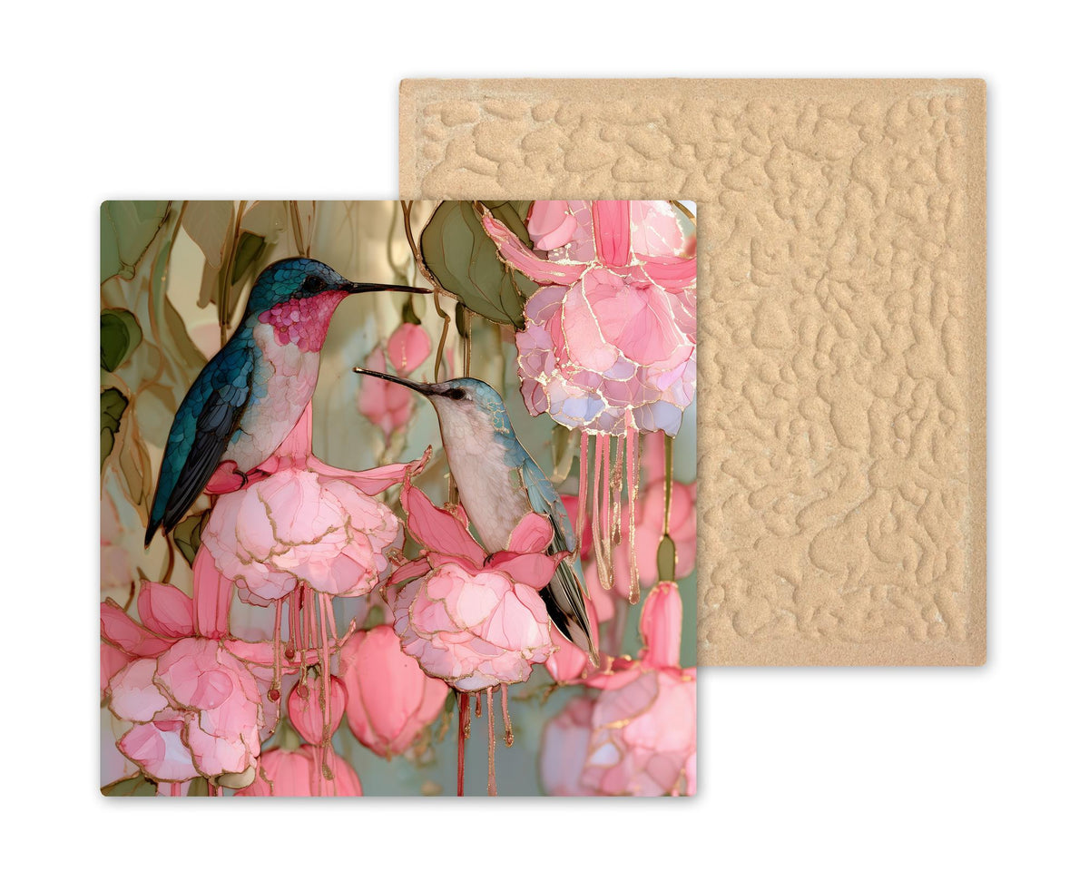 Hummingbird Pair Alcohol Ink Style Ceramic Art Tile – Fuchsia Garden in Pink and Gold Wall Decor, Bird Lover