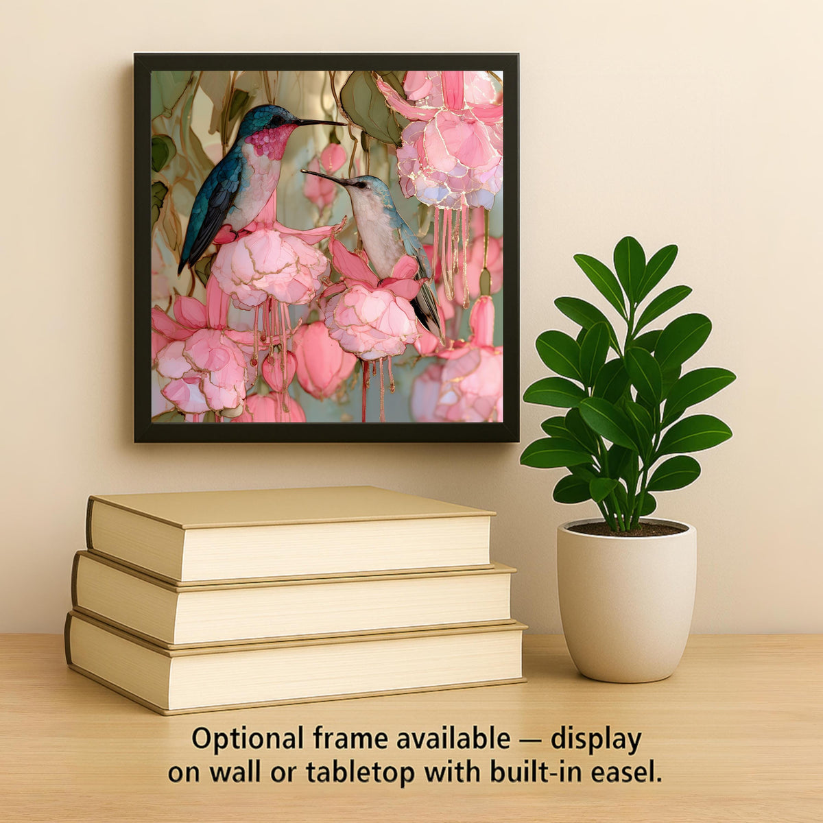 Hummingbird Pair Alcohol Ink Style Ceramic Art Tile – Fuchsia Garden in Pink and Gold Wall Decor, Bird Lover