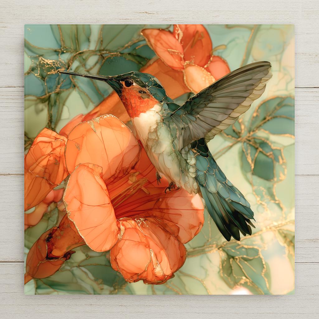 Alcohol ink style ceramic art tile of a ruby throated hummingbird with spread teal wings hovering at a coral trumpet vine flower, gold veining tracing the petals and leaves.