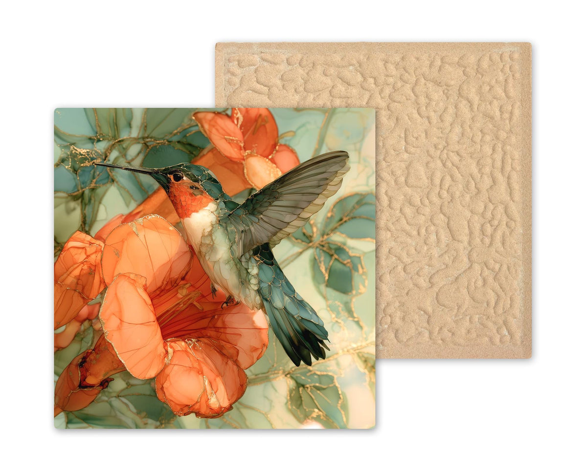Hummingbird Alcohol Ink Style Ceramic Art Tile – Trumpet Vine Blossom in Coral and Gold Wall Decor, Garden Lover