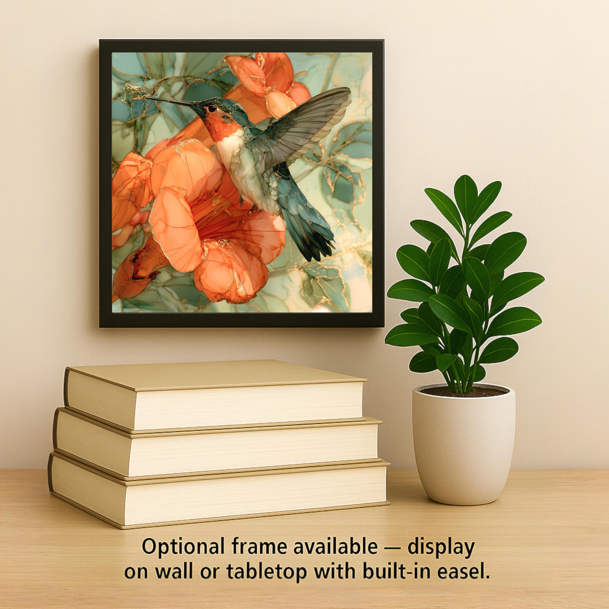 Hummingbird Alcohol Ink Style Ceramic Art Tile – Trumpet Vine Blossom in Coral and Gold Wall Decor, Garden Lover