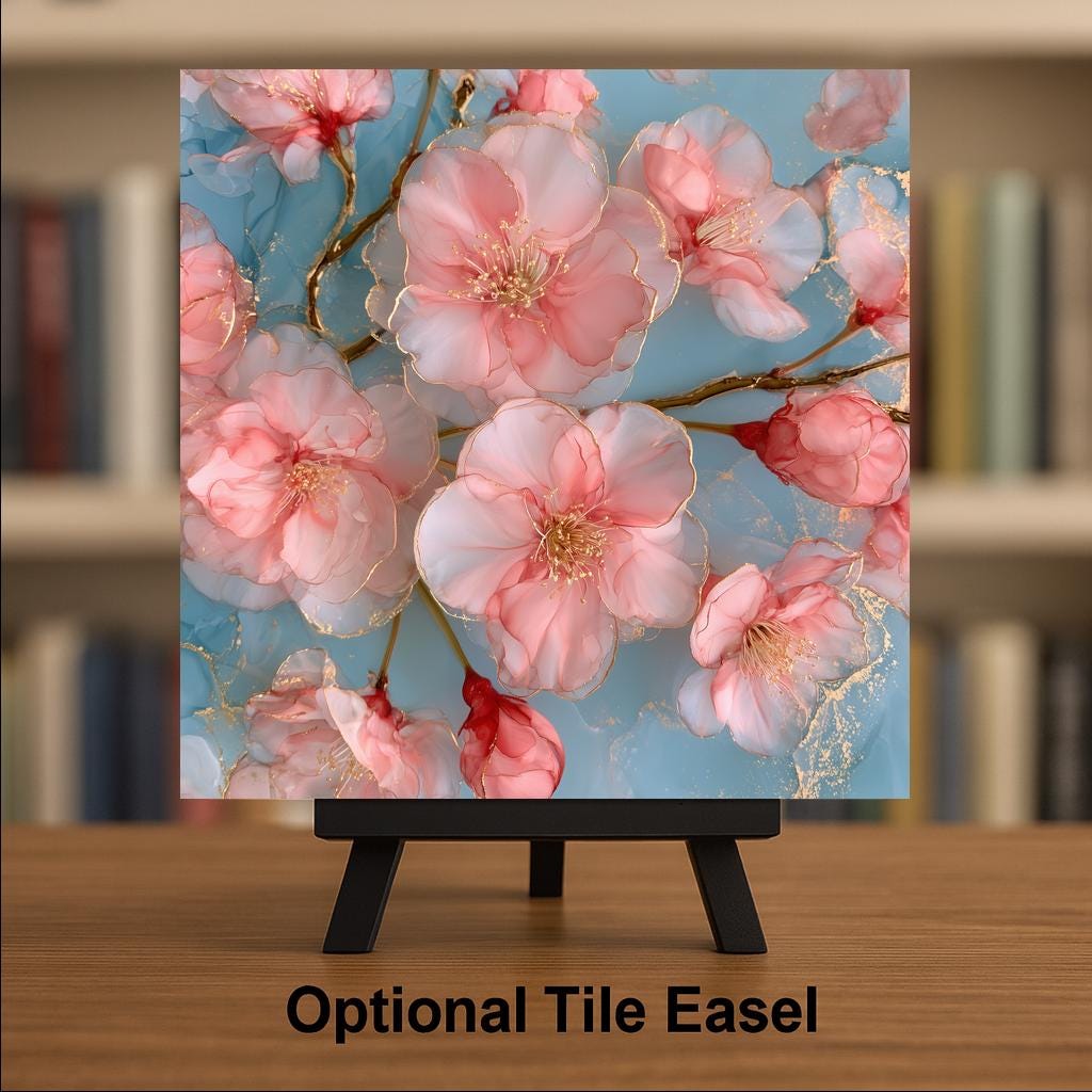 Cherry Blossom Alcohol Ink Style Ceramic Art Tile – Sakura Branch in Pink and Gold Wall Decor, Spring Lover