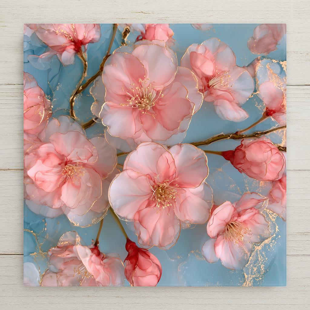 Alcohol ink style ceramic art tile of pink cherry blossoms on a gold branch against powder blue, translucent petals edged in gold with gilded stamens at each flower center.