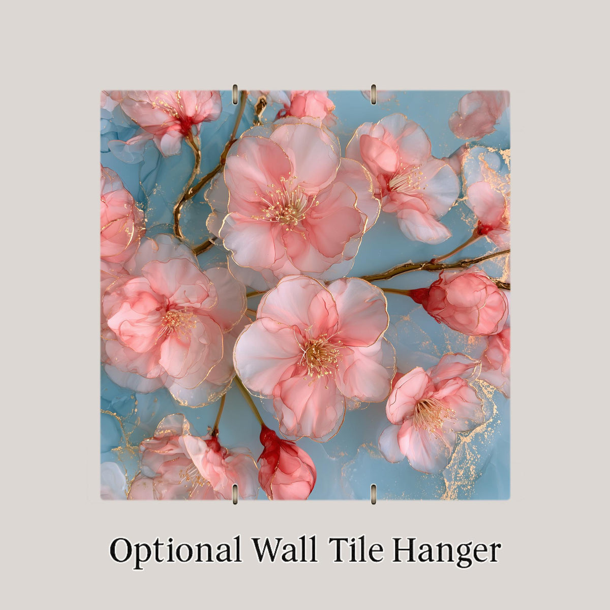 Cherry Blossom Alcohol Ink Style Ceramic Art Tile – Sakura Branch in Pink and Gold Wall Decor, Spring Lover