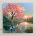 Alcohol ink style ceramic art tile of a blooming cherry blossom tree on gold-veined teal rocks beside a calm pond at sunset, tree and low sun reflected in the still water.