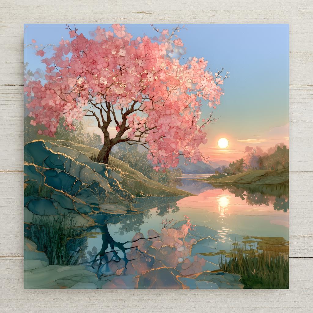 Alcohol ink style ceramic art tile of a blooming cherry blossom tree on gold-veined teal rocks beside a calm pond at sunset, tree and low sun reflected in the still water.