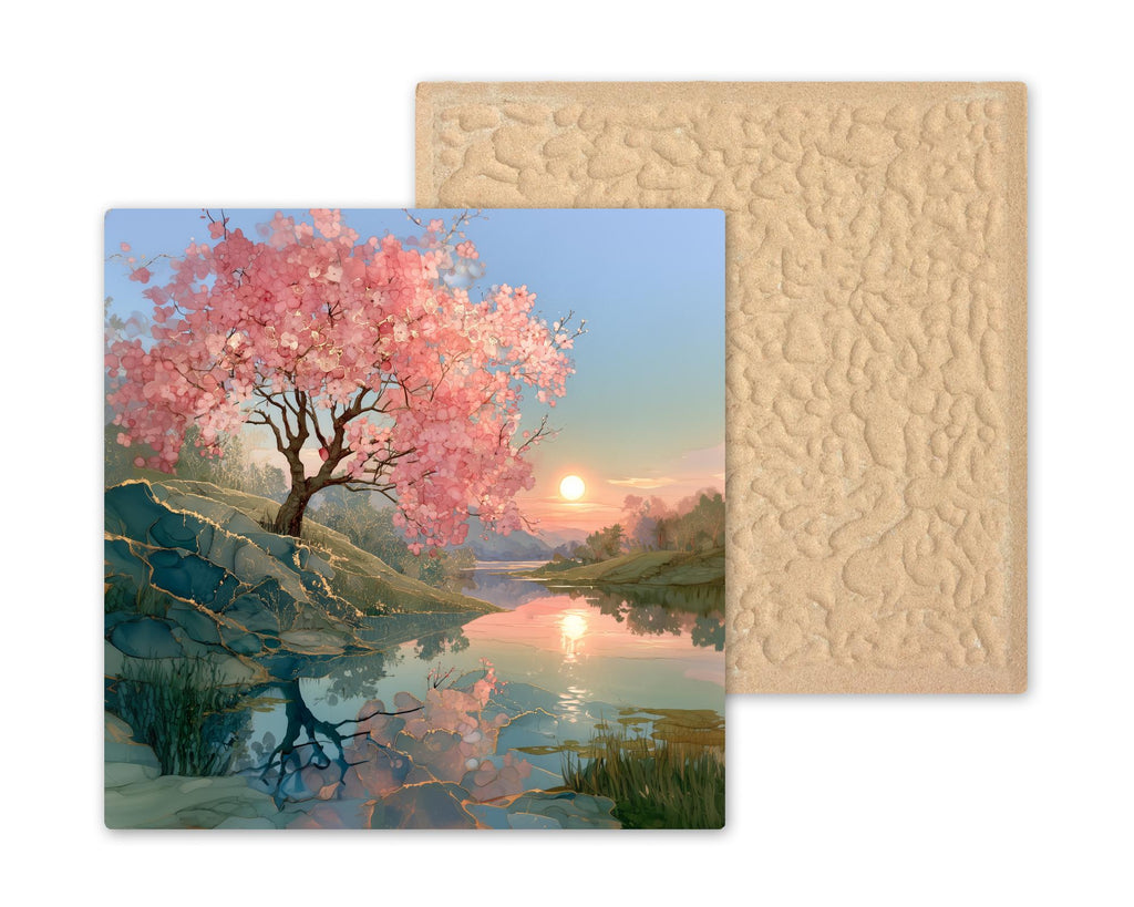 Cherry Blossom Tree Alcohol Ink Style Ceramic Art Tile – Golden Hour Pond Reflection Wall Decor, Sakura Lover