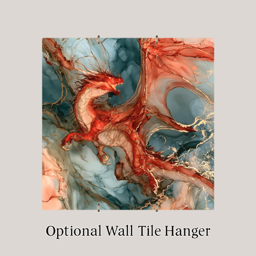 Red Dragon Alcohol Ink Style Ceramic Art Tile – Fiery Dragon in Flight Wall Decor, Fantasy Lover