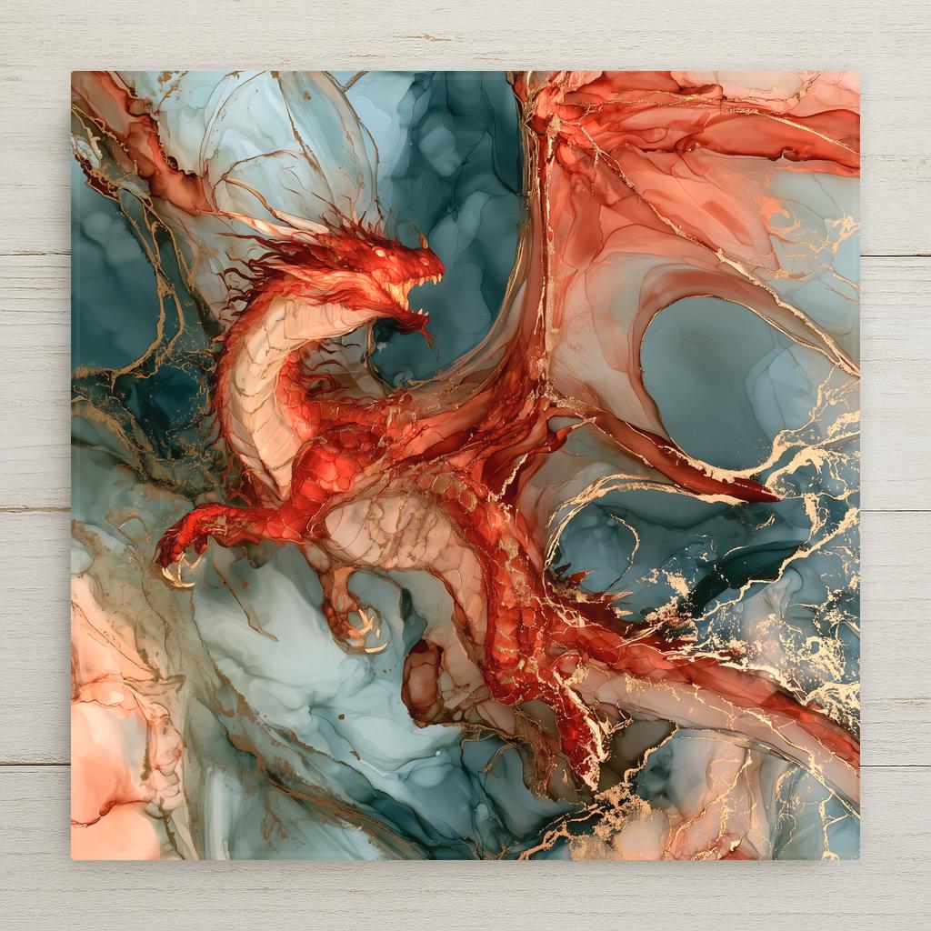 Alcohol ink style ceramic art tile of a red dragon in flight with spread translucent wings, crimson scales and gold veining swirling against a stormy teal ink background.