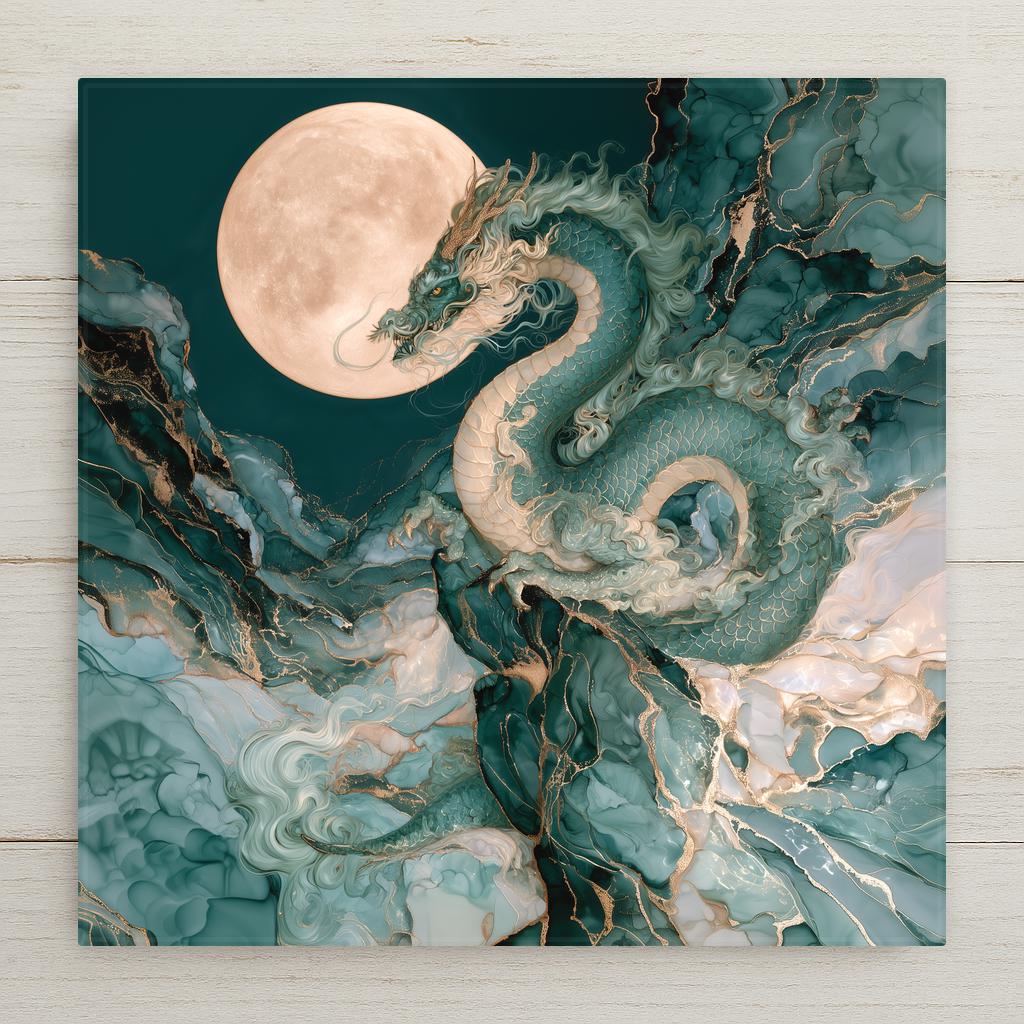 Alcohol ink style ceramic art tile of a jade green Eastern dragon with flowing white mane coiling through teal and gold-veined clouds beneath a glowing full moon.