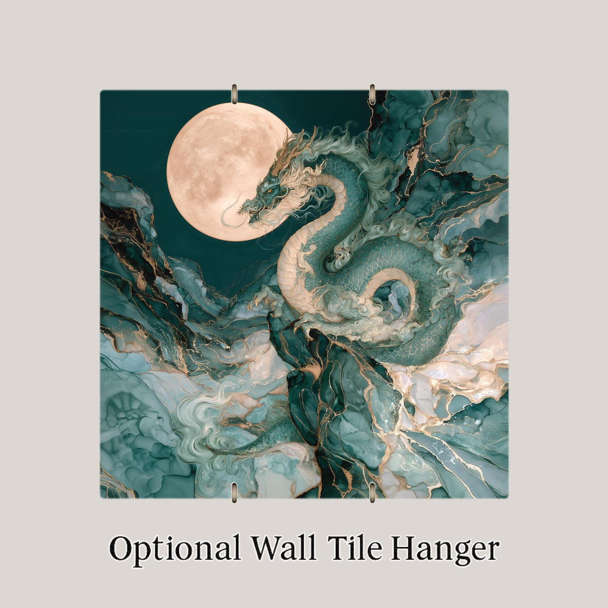 Jade Dragon Alcohol Ink Style Ceramic Art Tile – Full Moon in Teal and Gold Wall Decor, Dragon Lover