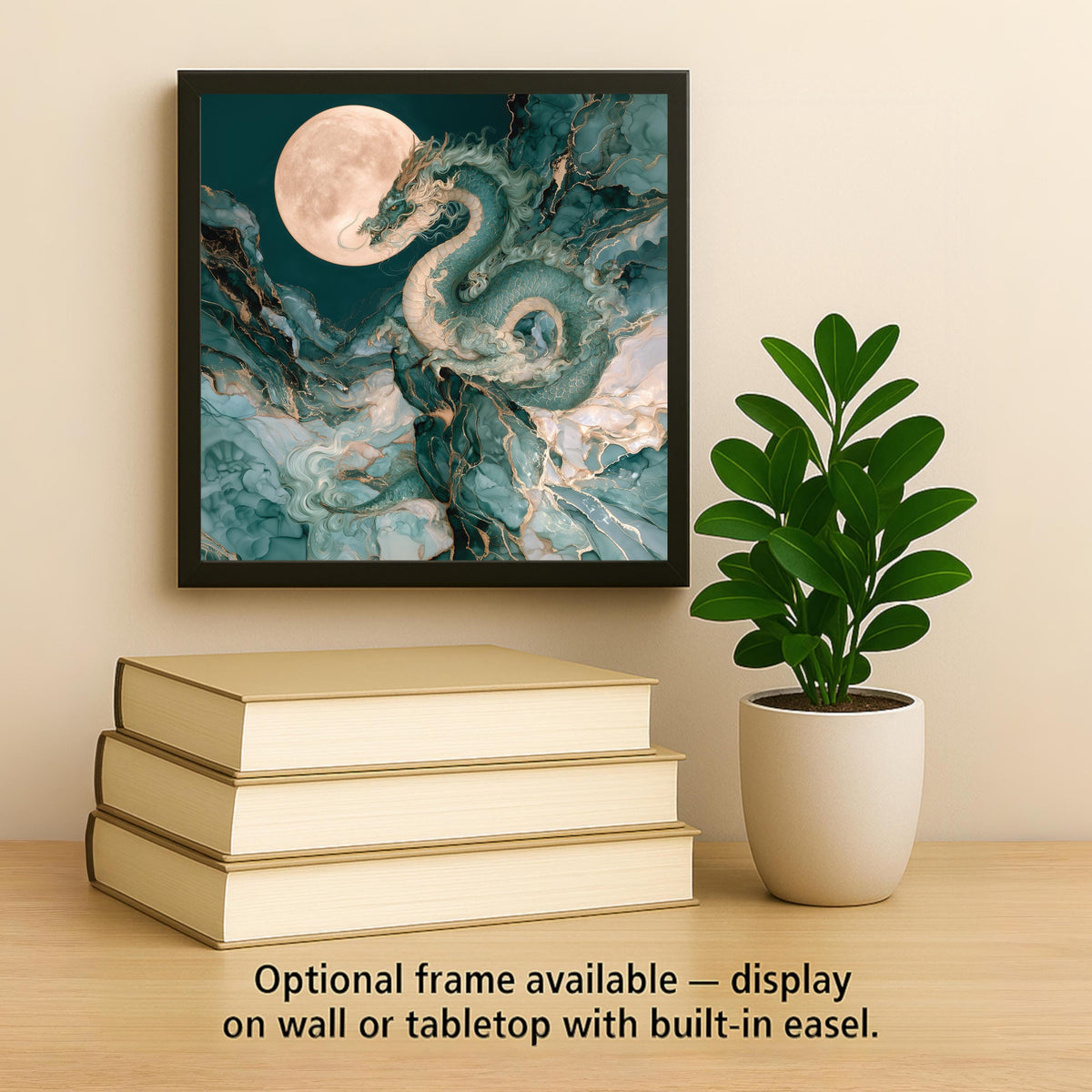 Jade Dragon Alcohol Ink Style Ceramic Art Tile – Full Moon in Teal and Gold Wall Decor, Dragon Lover
