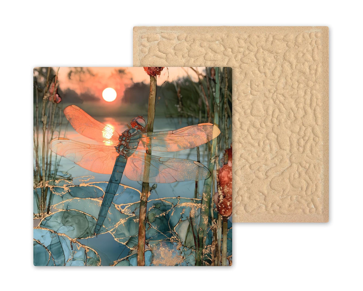 Dragonfly Alcohol Ink Style Ceramic Art Tile – Sunset Pond and Cattails Wall Decor, Nature Lover