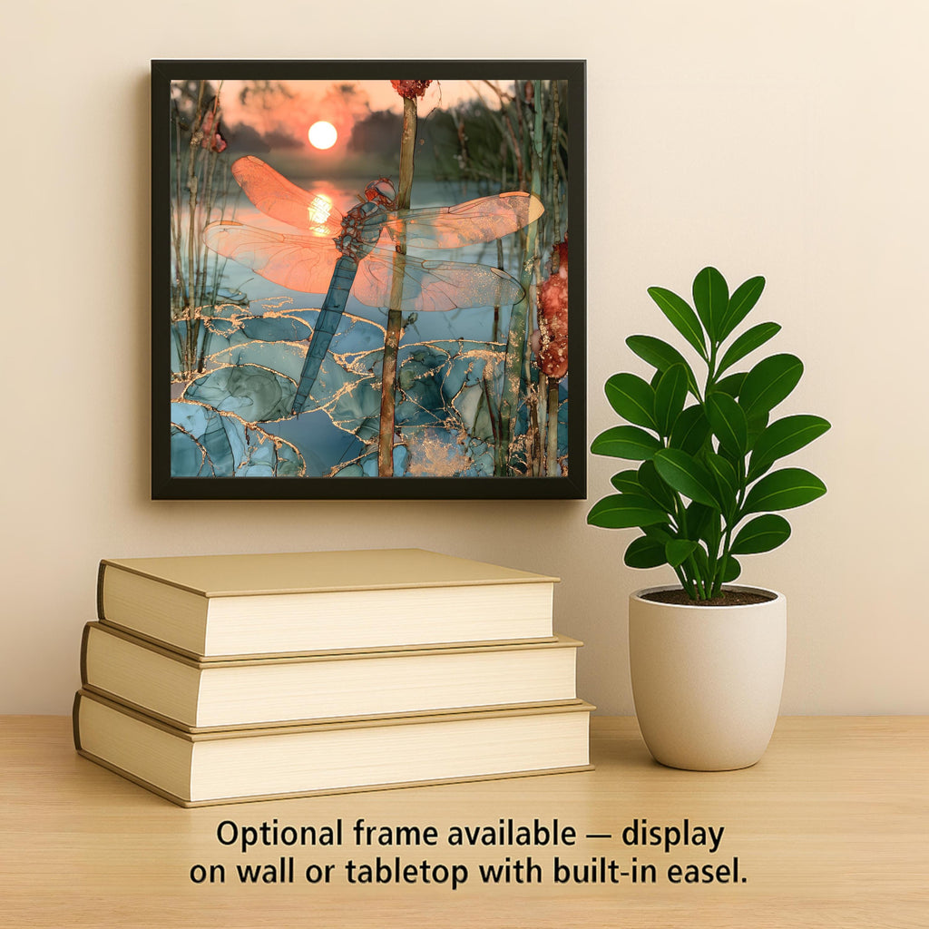 Dragonfly Alcohol Ink Style Ceramic Art Tile – Sunset Pond and Cattails Wall Decor, Nature Lover