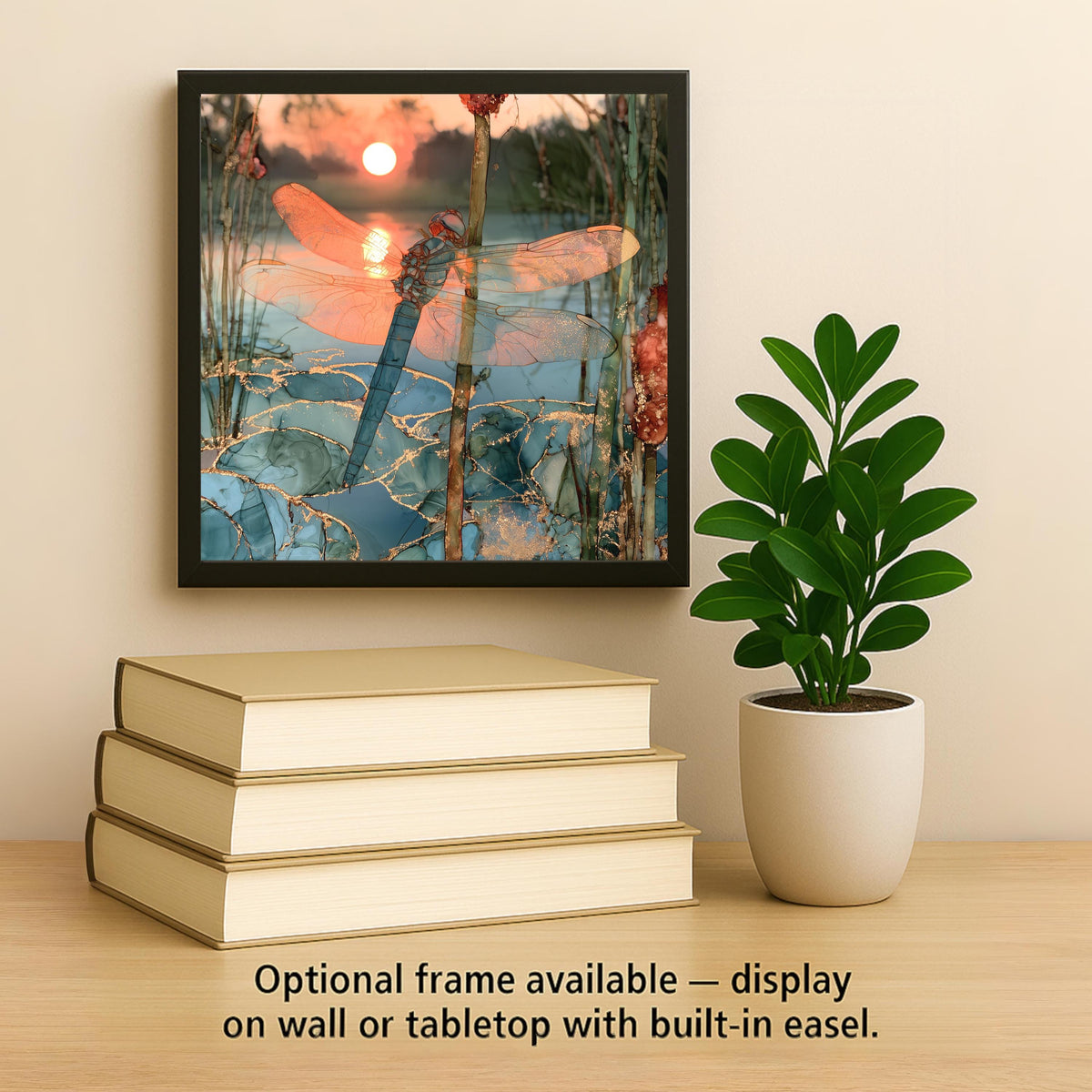 Dragonfly Alcohol Ink Style Ceramic Art Tile – Sunset Pond and Cattails Wall Decor, Nature Lover