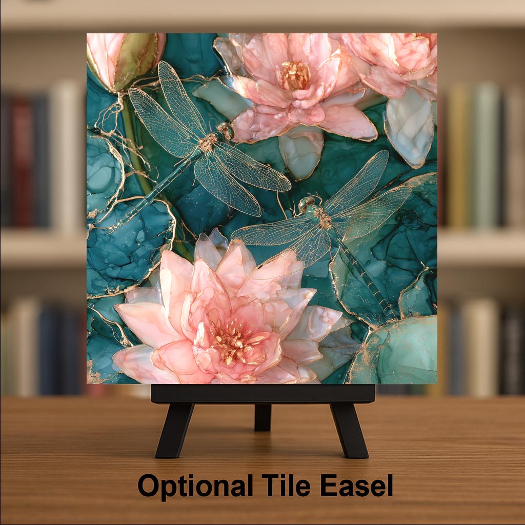 Dragonfly Pair Alcohol Ink Style Ceramic Art Tile – Water Lily Pond in Teal and Gold Wall Decor, Pond Lover