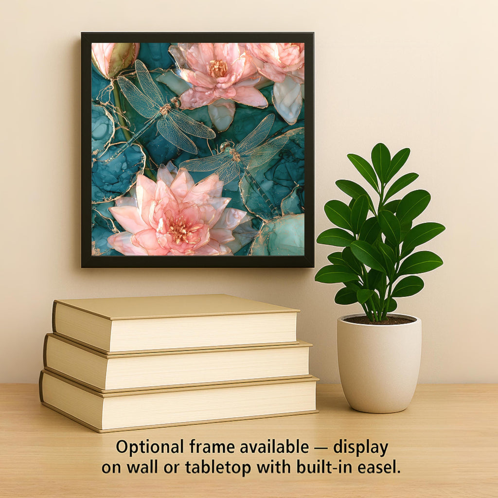 Dragonfly Pair Alcohol Ink Style Ceramic Art Tile – Water Lily Pond in Teal and Gold Wall Decor, Pond Lover