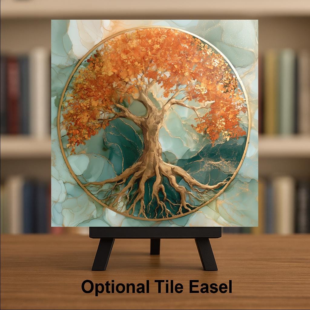 Tree of Life Alcohol Ink Style Ceramic Art Tile – Golden Autumn Circle of Life Wall Decor, Spiritual Art Lover