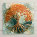 Alcohol ink style ceramic art tile of a golden tree of life with amber autumn canopy and mirrored roots inside a gold ring, set against teal and seafoam ink veined with gold.