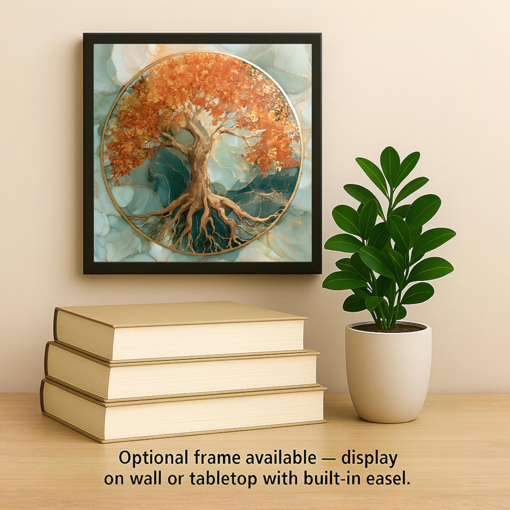 Tree of Life Alcohol Ink Style Ceramic Art Tile – Golden Autumn Circle of Life Wall Decor, Spiritual Art Lover