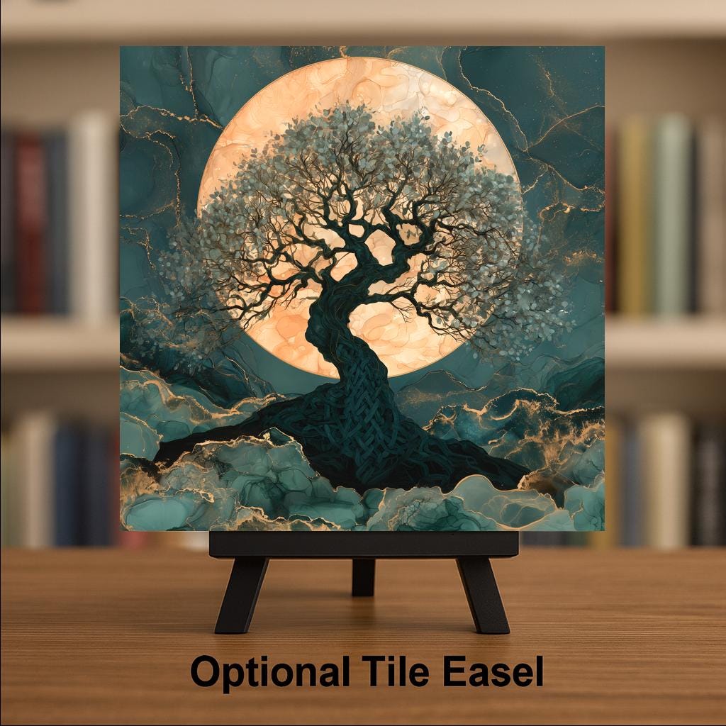 Celtic Tree of Life Alcohol Ink Style Ceramic Art Tile – Full Moon and Knotwork Roots Wall Decor, Celtic Lover