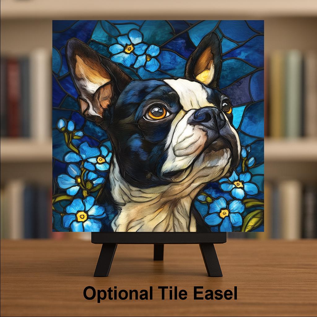 Boston Terrier Stained Glass Style Ceramic Tile Wall Art Forget Me Not Flowers Pet Memorial Keepsake Dog Lover Decor