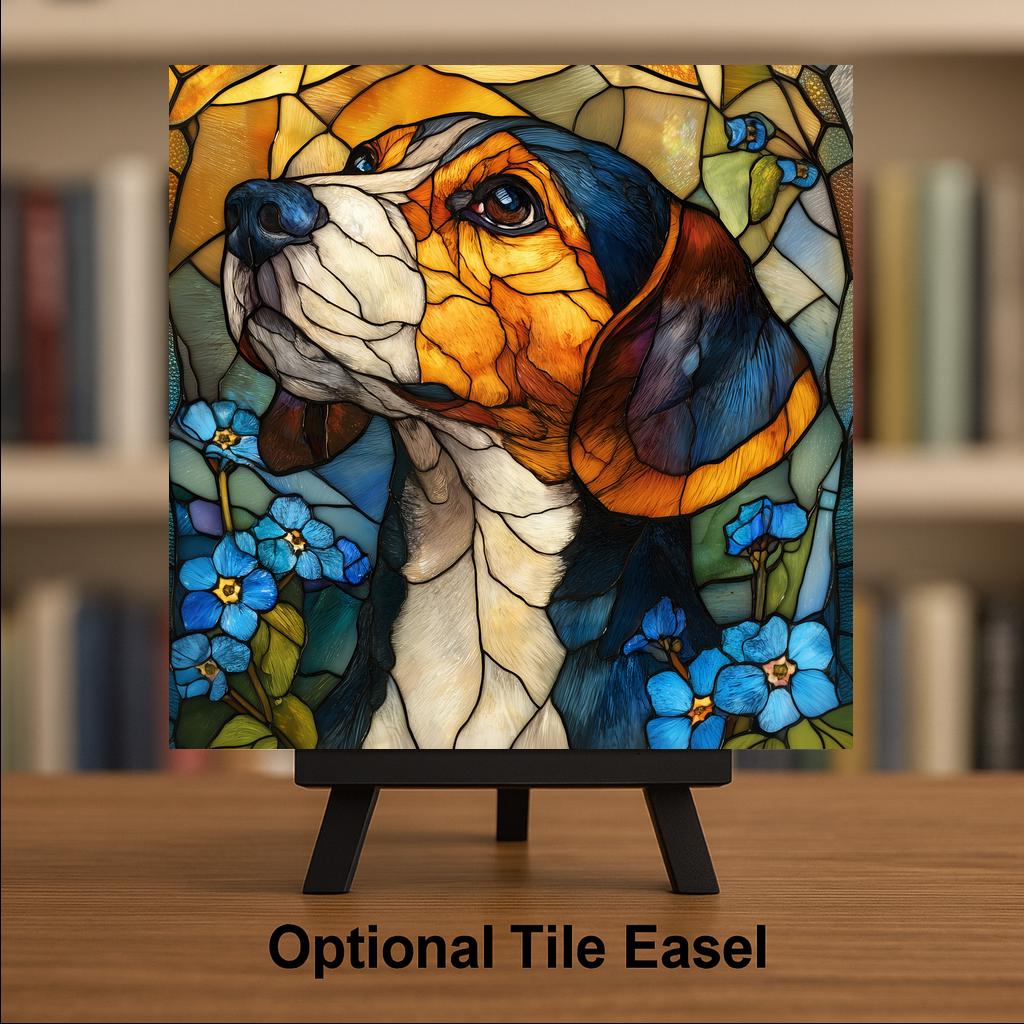 Beagle Stained Glass Style Ceramic Tile Wall Art Forget Me Not Wildflowers Pet Memorial Keepsake Dog Lover Decor Amber Glass