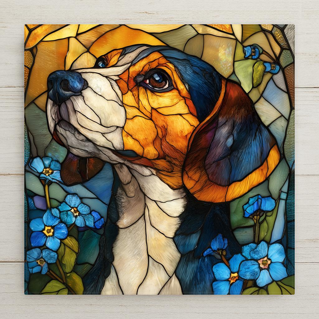 Stained glass style portrait of a tricolor Beagle in profile gazing upward, black saddle and long ear, leaded panes over warm amber and olive glass, blue forget-me-not flowers at the lower corners, printed on a glossy ceramic art tile.