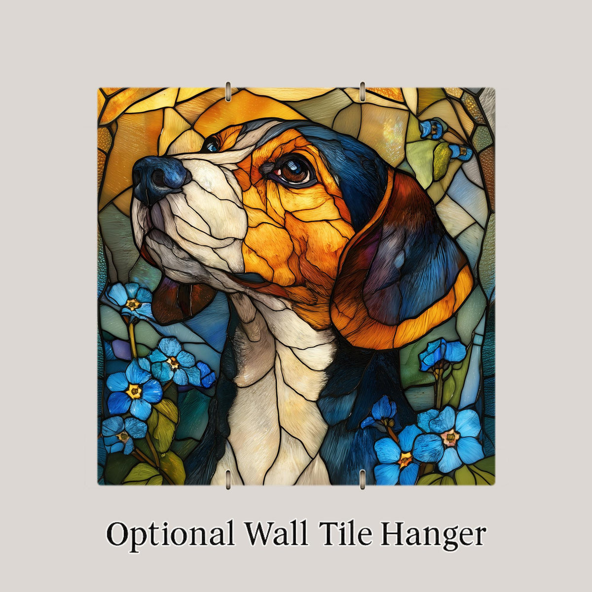 Beagle Stained Glass Style Ceramic Tile Wall Art Forget Me Not Wildflowers Pet Memorial Keepsake Dog Lover Decor Amber Glass