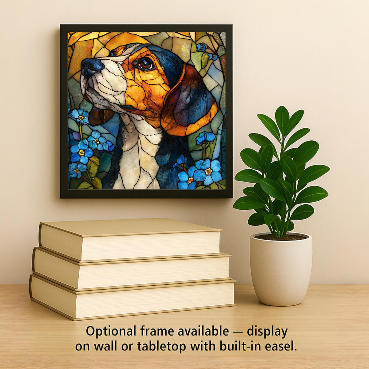 Beagle Stained Glass Style Ceramic Tile Wall Art Forget Me Not Wildflowers Pet Memorial Keepsake Dog Lover Decor Amber Glass