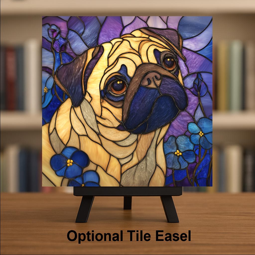 Pug Stained Glass Style Ceramic Tile Wall Art Forget Me Not Flowers Pet Memorial Keepsake Dog Mom Decor Lavender Glass