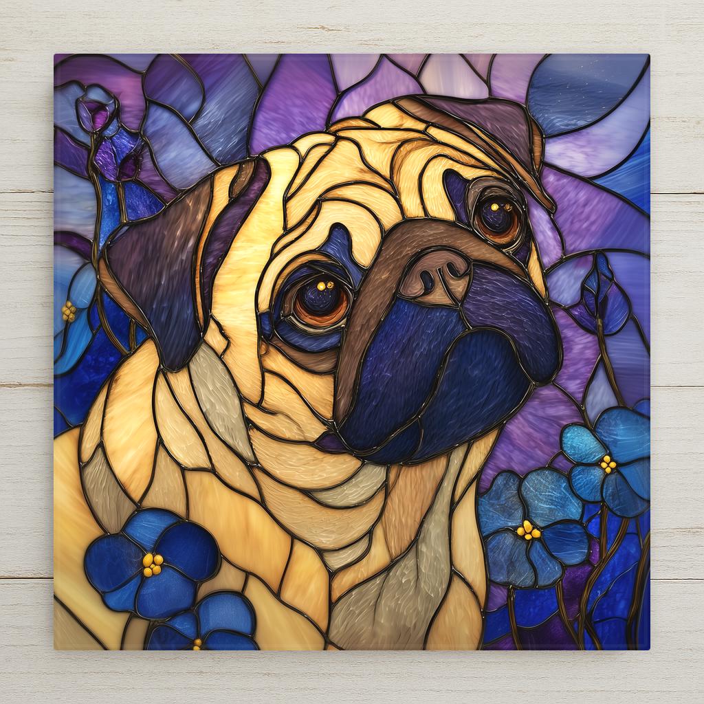 Stained glass style portrait of a fawn Pug with a dark mask and folded ears, head tilted, brass-toned came over cream and lavender glass, blue forget-me-not flowers at the lower corners, printed on a glossy ceramic art tile.