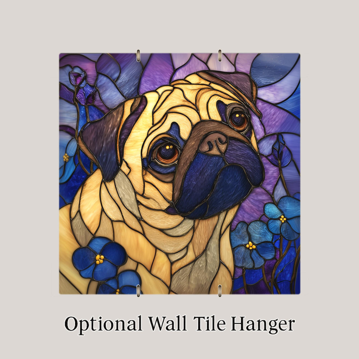 Pug Stained Glass Style Ceramic Tile Wall Art Forget Me Not Flowers Pet Memorial Keepsake Dog Mom Decor Lavender Glass