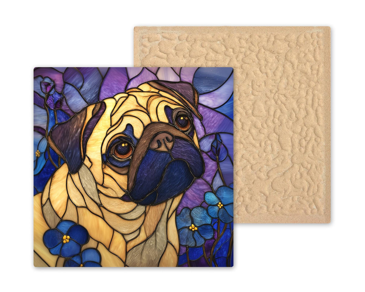 Pug Stained Glass Style Ceramic Tile Wall Art Forget Me Not Flowers Pet Memorial Keepsake Dog Mom Decor Lavender Glass