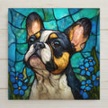 Stained glass style portrait of a black tan and white French Bulldog with large bat ears and a tilted head, leaded panes over teal and turquoise glass, blue forget-me-not flowers at both lower corners, printed on a glossy ceramic art tile.