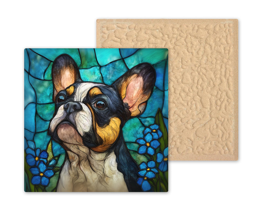 French Bulldog Stained Glass Style Ceramic Tile Wall Art Forget Me Not Flowers Pet Memorial Keepsake Dog Lover Decor