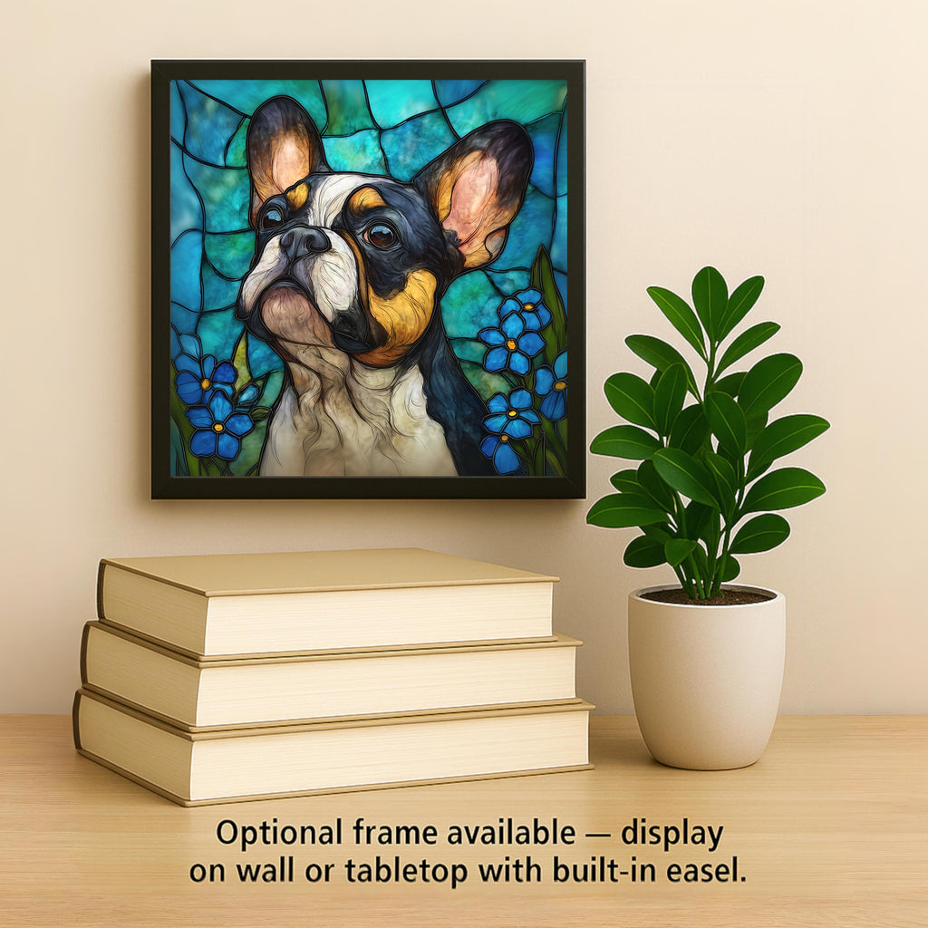 French Bulldog Stained Glass Style Ceramic Tile Wall Art Forget Me Not Flowers Pet Memorial Keepsake Dog Lover Decor