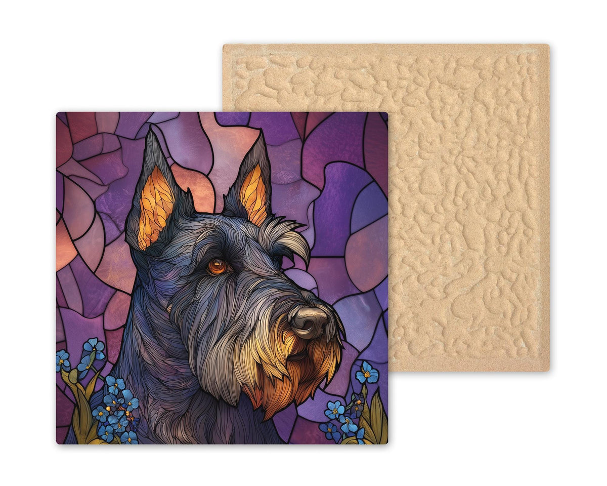 Scottish Terrier Stained Glass Style Ceramic Tile Wall Art Blue Wildflowers Pet Memorial Keepsake Scottie Dog Decor