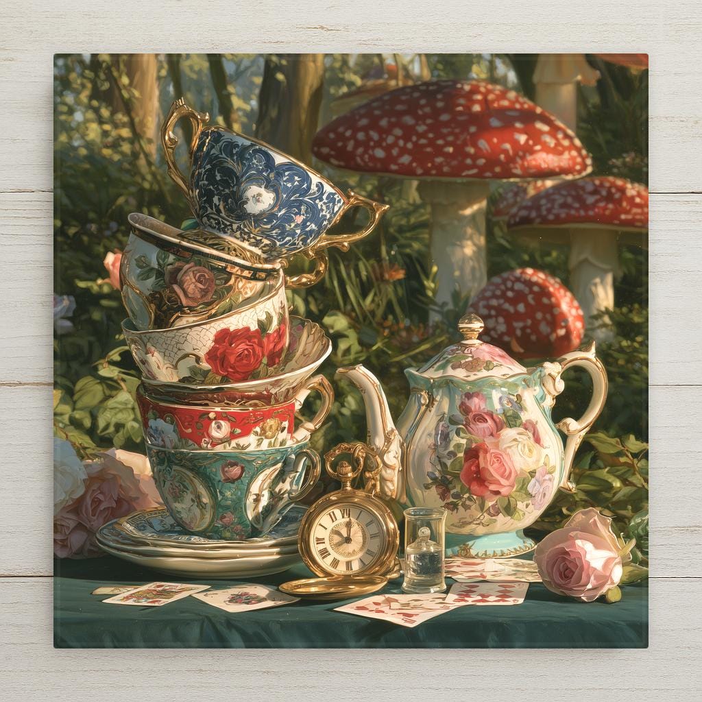 Alice in Wonderland tea party ceramic art tile with stacked vintage teacups, floral teapot, gold pocket watch, scattered playing cards, and red spotted mushrooms in a sunlit storybook forest.