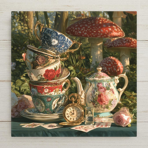 Alice in Wonderland tea party ceramic art tile with stacked vintage teacups, floral teapot, gold pocket watch, scattered playing cards, and red spotted mushrooms in a sunlit storybook forest.