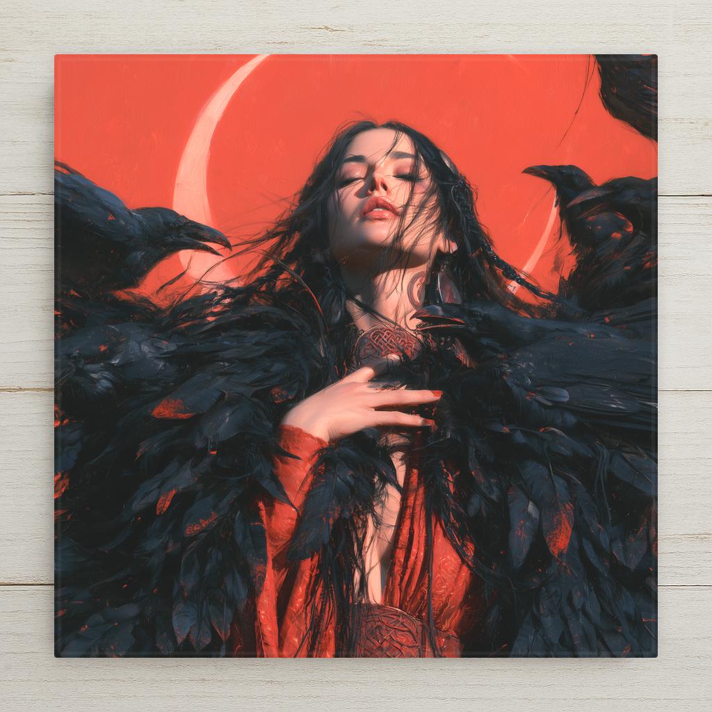 The Morrigan blood moon ceramic art tile — Celtic raven goddess with eyes closed beneath a pale crescent in a red sky, a flock of ravens gathering around her black feathered cloak and crimson robes.