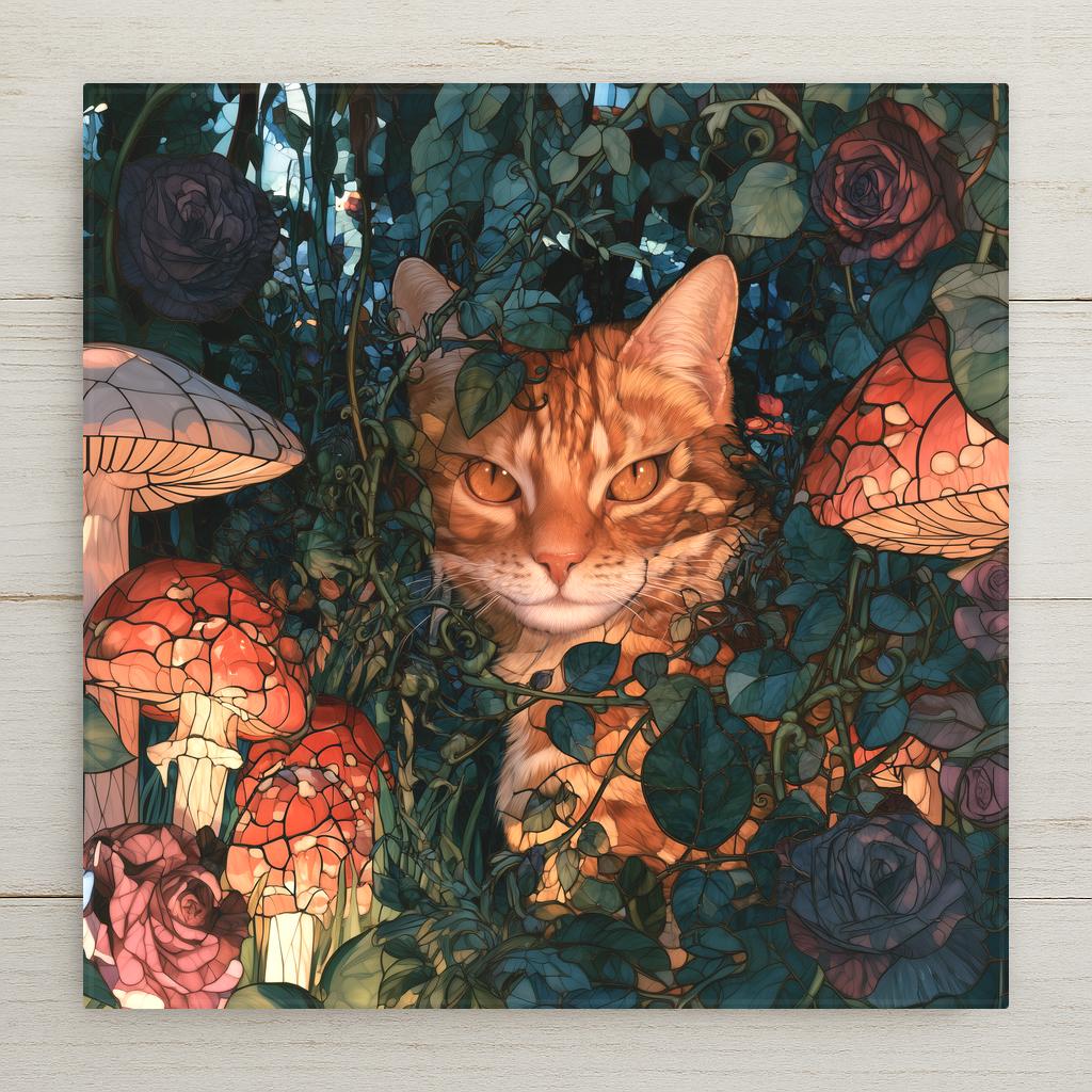 Cheshire Cat ceramic art tile in stained glass style — a grinning orange tabby cat peering from leaded-glass foliage among red spotted mushrooms and roses in a Wonderland garden.