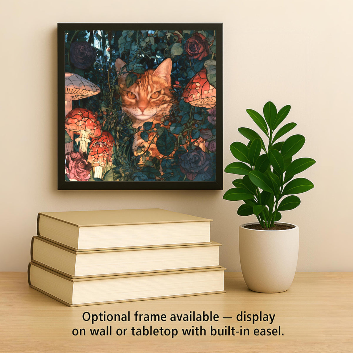 Cheshire Cat Ceramic Tile Wall Art Stained Glass Style Alice in Wonderland Decor Whimsical Ginger Tabby Mushroom Garden