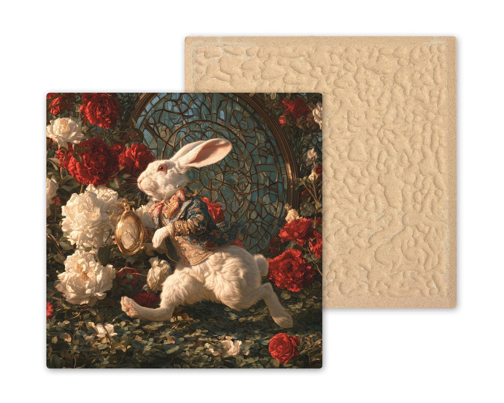 White Rabbit Ceramic Tile Wall Art Alice in Wonderland Decor Pocket Watch Rose Garden Whimsical Storybook Fantasy Art