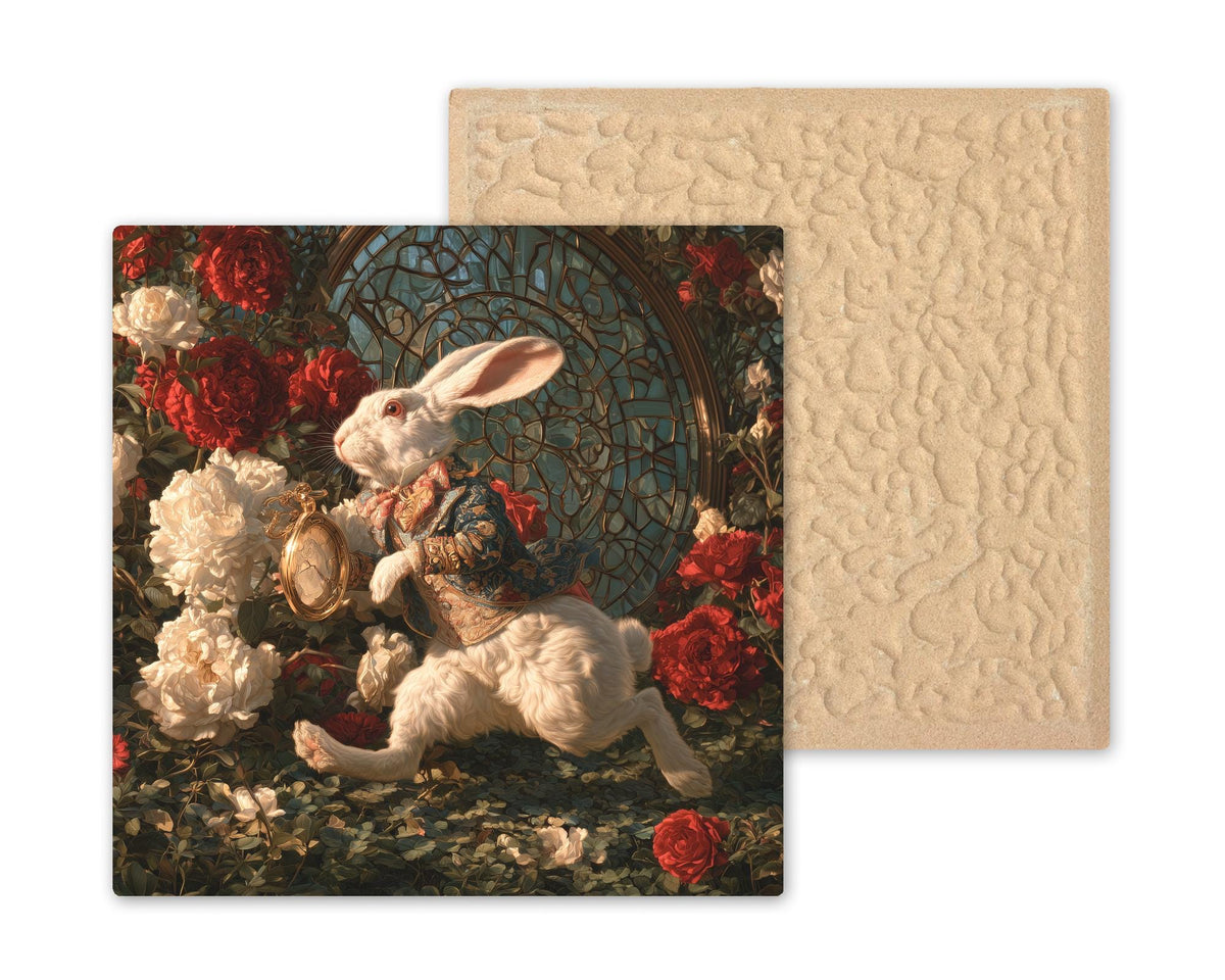 White Rabbit Ceramic Tile Wall Art Alice in Wonderland Decor Pocket Watch Rose Garden Whimsical Storybook Fantasy Art