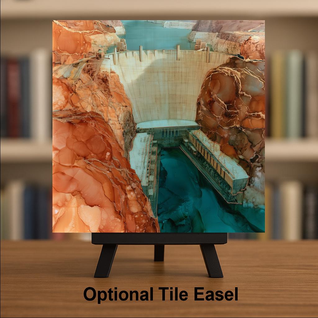 Hoover Dam Wall Art Ceramic Tile Alcohol Ink Style Nevada Landmark Colorado River Canyon Southwest Travel Decor