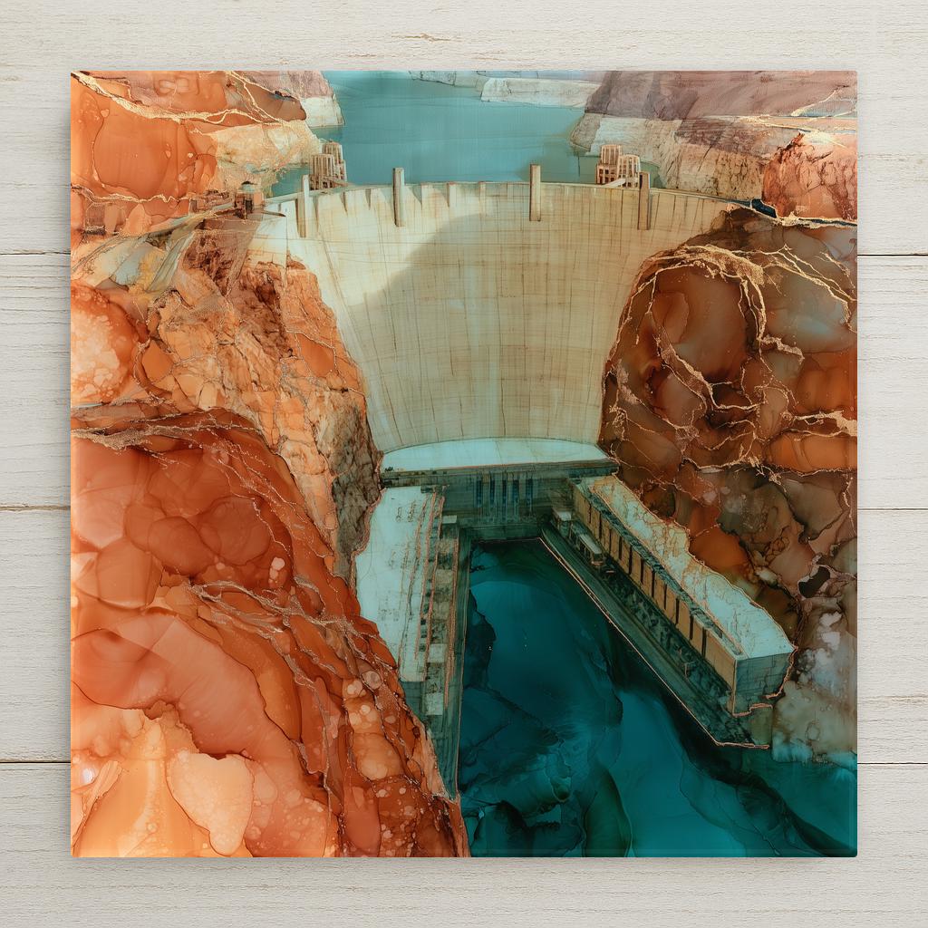 Hoover Dam ceramic art tile in an alcohol ink style — aerial view of the dam's white arc holding back a turquoise Colorado River, canyon walls veined in copper and gold pigment under a bright desert sky.