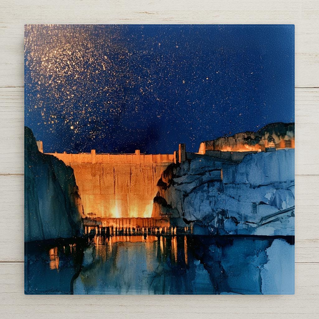 Hoover Dam ceramic art tile in an alcohol ink style — night scene with a cobalt and violet starry sky speckled in gold above the warmly lit dam and dark canyon water.